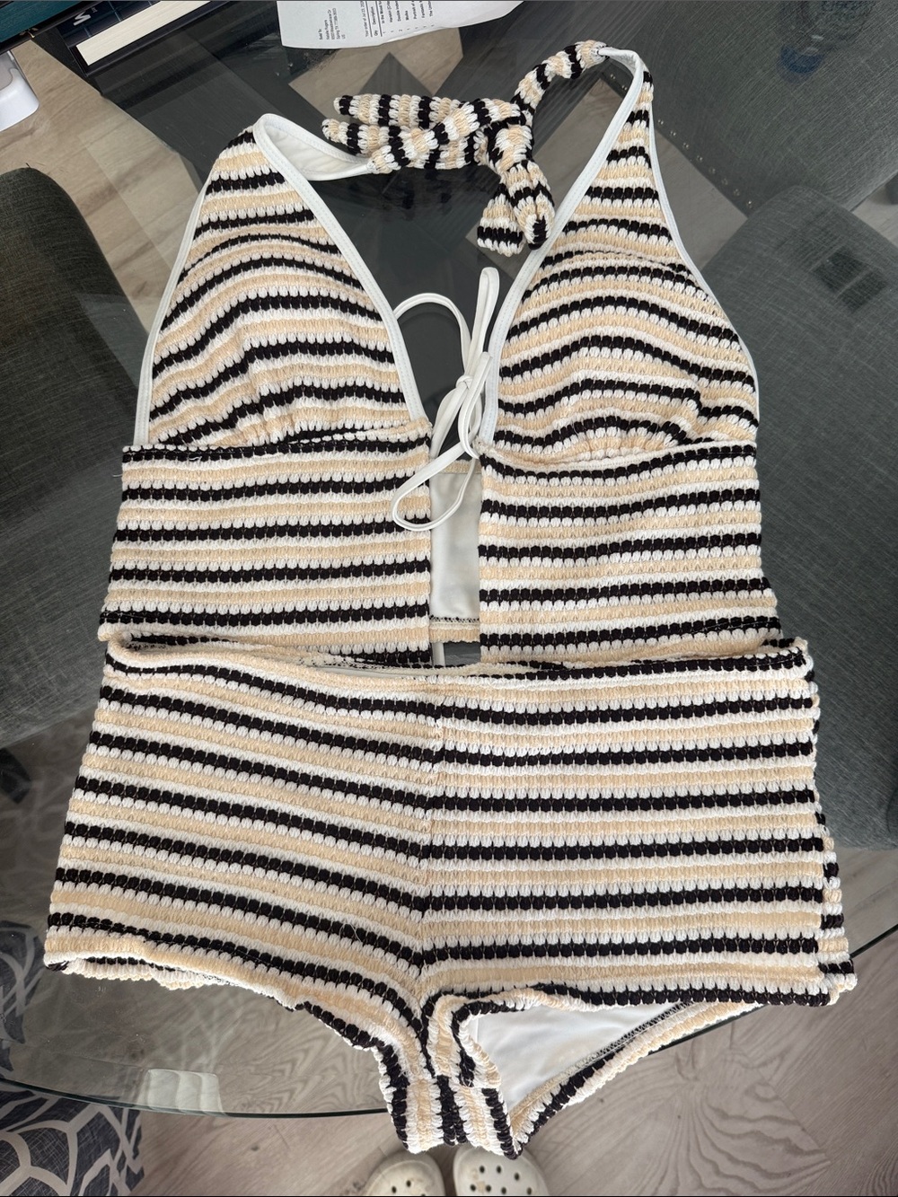 Striped Halter Knit Swim Romper in Black, Cream & White